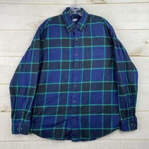 Lands' End Mens Flannel Shirt L Button Up Long Sleeve Blue Green Plaid Tradition